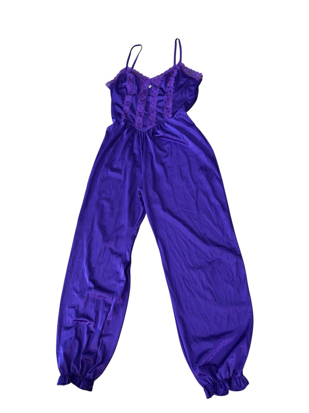 Vintage 80s Purple Nylon Loungewear Genie Harem Jumpsuit Lace Lingerie USA -